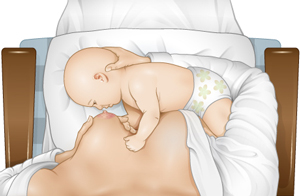Baby lying on side in front of breast