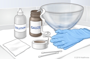 Supplies needed to pack a wound: Gauze, clean bowl, gloves, wetting solution, tape, dressing, cotton swabs.