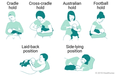 Breastfeeding in the cradle, cross-cradle, Australian, football, laid-back, and side-lying positions
