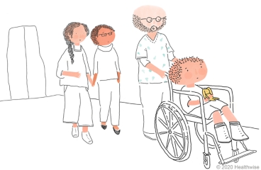 The nurse pushes Hank in a wheelchair while Hank's parents follow
