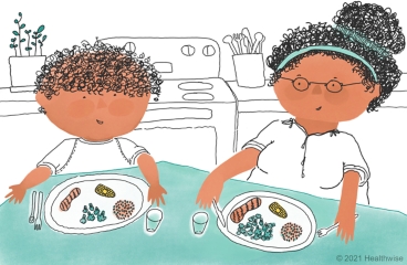Hamid and his mom eat lots of differentcolouredfoods.