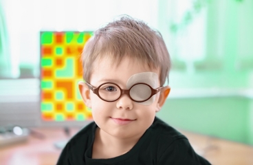 Child wearing glasses with eye patch over the stronger eye to treat amblyopia and strabismus.