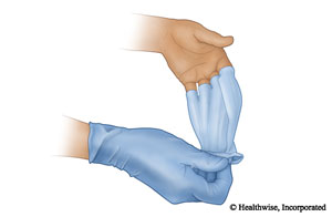 Start at the cuff and pull the glove off so that it turns inside out.