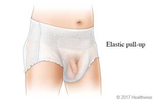Pull-up adult underwear with wide elastic band, with view of penis positioned down.