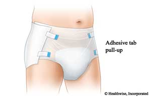 Pull-up adult underwear with adhesive tabs on each side.