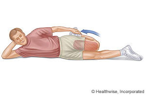 Picture of how to do quadricep and hip flexor stretch, lying on side