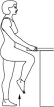 person standing, holding onto surface, lifting knee