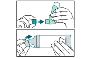 Person replacing caps on inhaler and spacer.