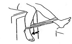 person sitting with elastic band around ankles, pulling one leg back under chair