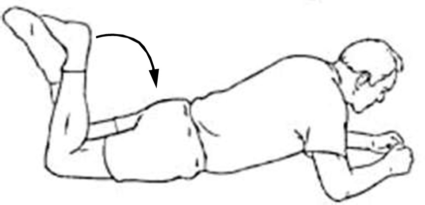 person lying on stomach bending both knees towards buttocks