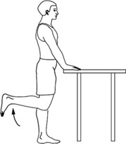 person standing, holding onto surface, bending knee