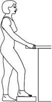 person standing, stepping forward and up onto step