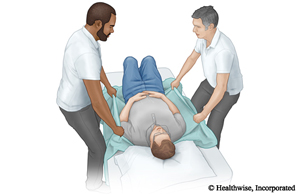 Caregivers using a drawsheet to move a person in bed.