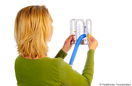 Person holding the spirometer level and out in front of her face Person holding the spirometer level and out in front of her face